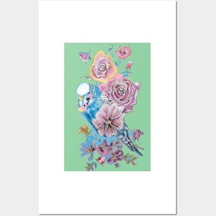 Blue Budgie and Rose Watercolor Painting on Green Posters and Art